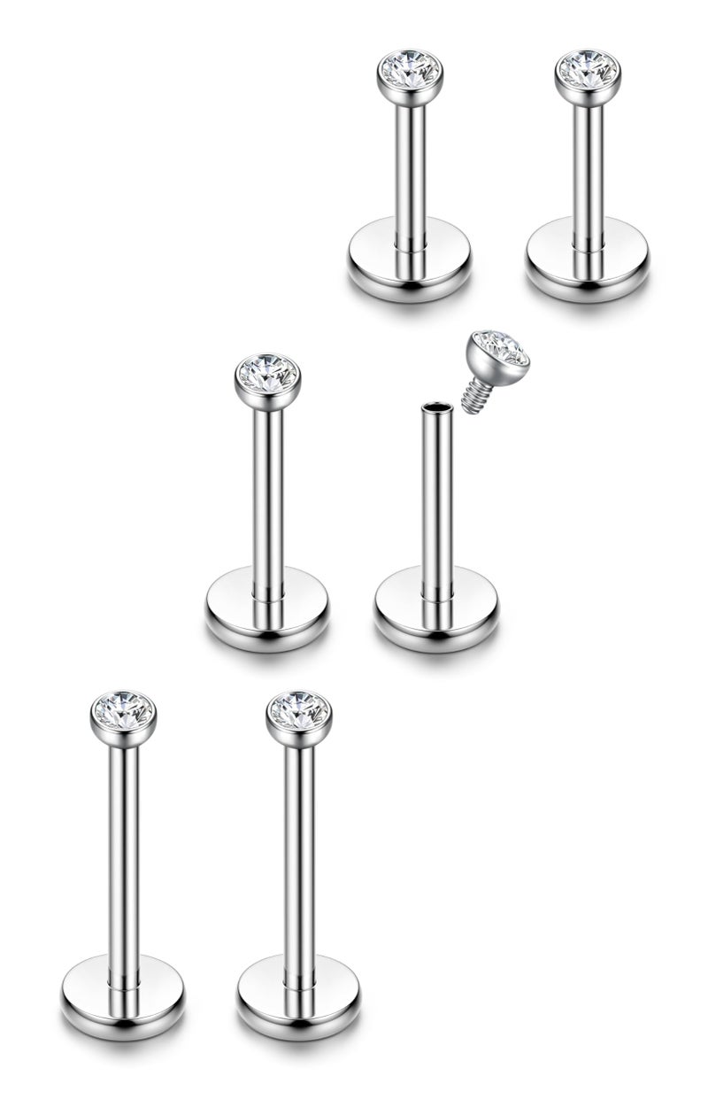 ORAZIO Silver Flat Back Stud Earrings, 18G 316L Surgical Steel Internal Thread CZ Studs Hypoallergenic Conch Cartilage Helix Tragus Piercing Jewelry Lip Labret Medusa Nose Studs for Women Men S Set - Image 1
